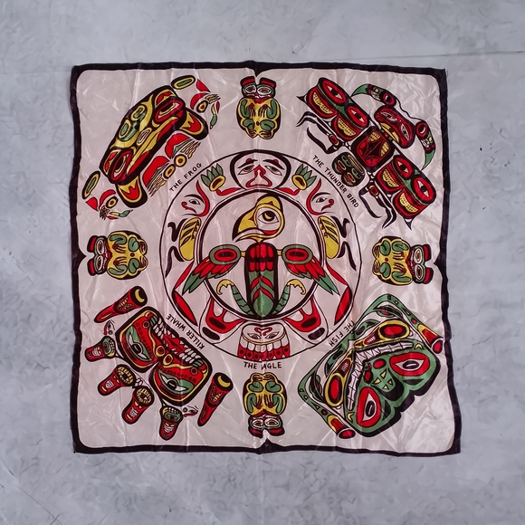 Vintage Accessories - Vintage Native Canadian Haida Art Scarf Thunderbird Frog Fish Eagle Whale SILK